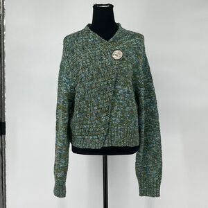 ONE GIRL WHO Sweater Women's M/L Green Blue Flecked Ribbed One Button Cardigan